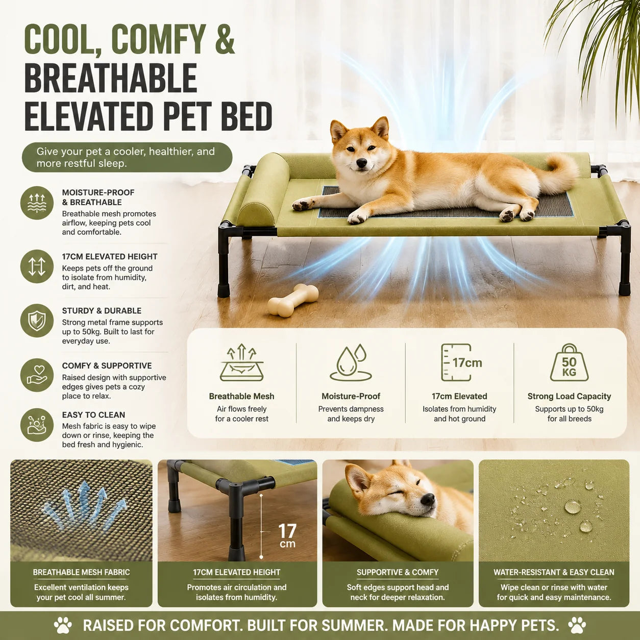 Pawinos™ Elevated Cooling Dog Bed with Pillow – Raised Washable Mesh Bed for Medium & Large Dogs