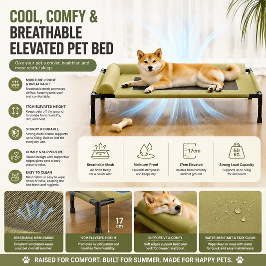 Pawinos™ Elevated Cooling Dog Bed with Pillow – Raised Washable Mesh Bed for Medium & Large Dogs