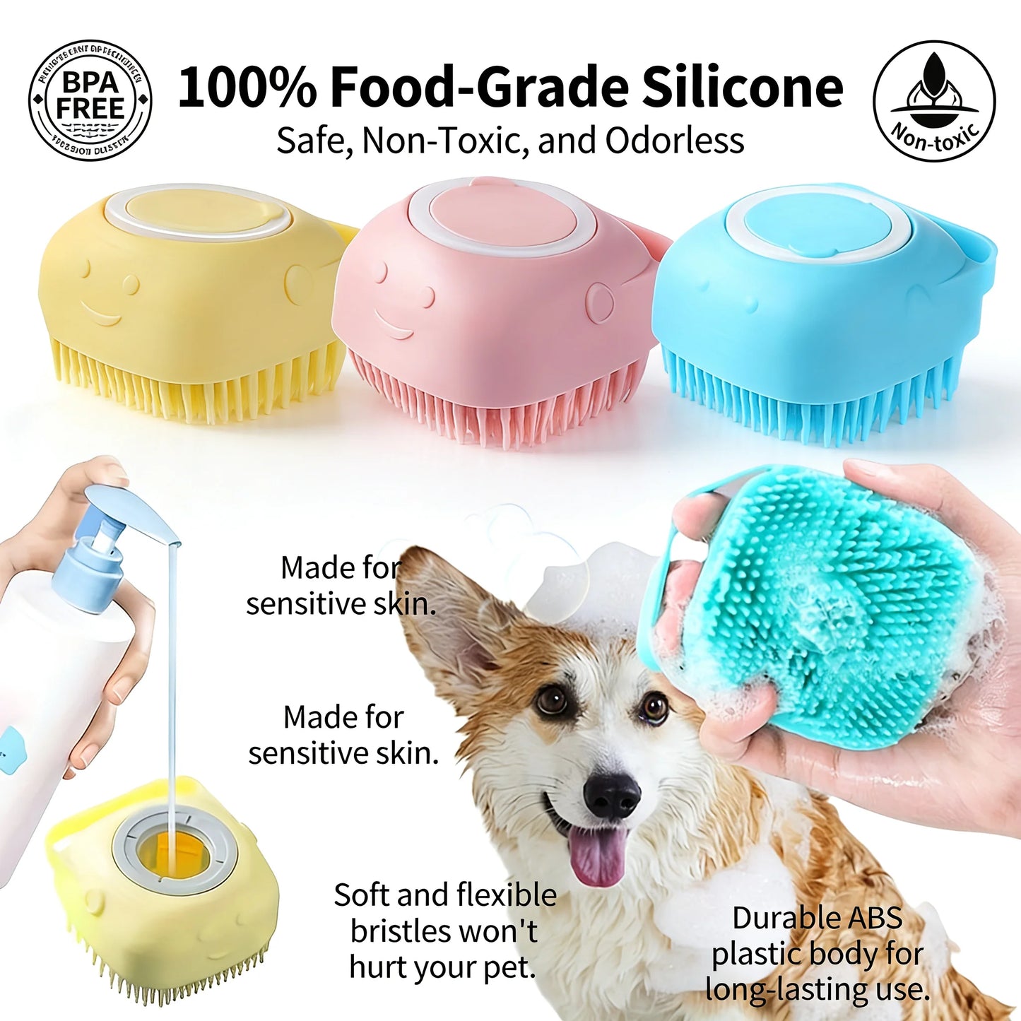 Pawinos™ 2-in-1 Pet Bath & Grooming Brush – Silicone Shampoo Massage Brush for Dogs & Cats