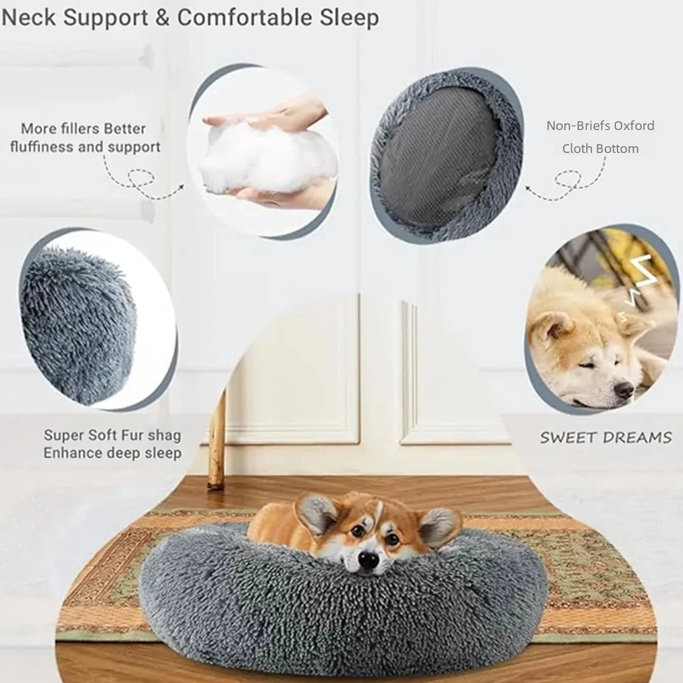 Pawinos™ Plush Round Dog Bed – Calming Washable Bed for Small, Medium & Large Dogs