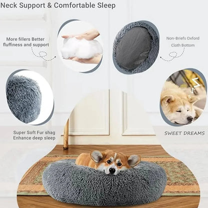 Pawinos™ Plush Round Dog Bed – Calming Washable Bed for Small, Medium & Large Dogs