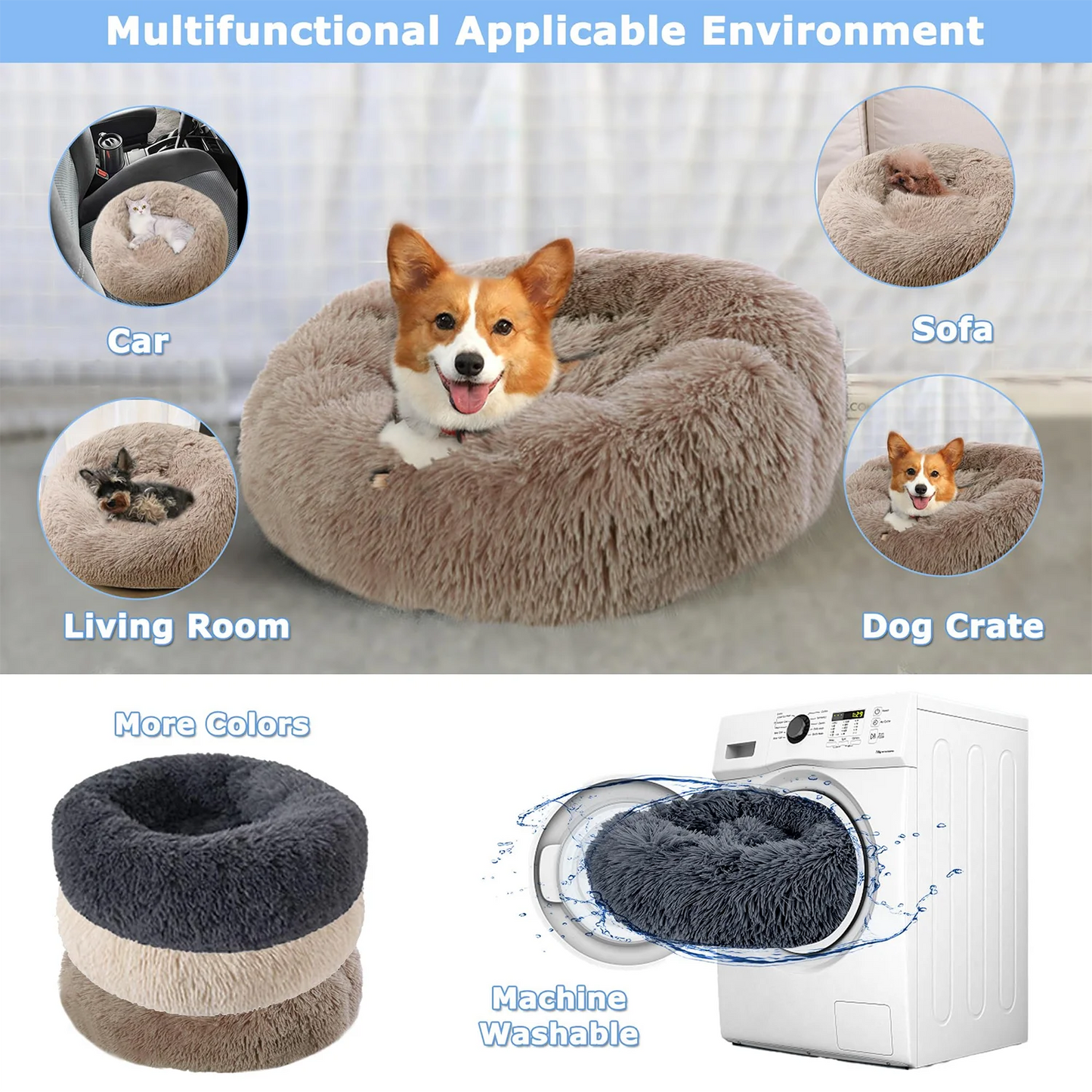 Pawinos™ Plush Round Dog Bed – Calming Washable Bed for Small, Medium & Large Dogs