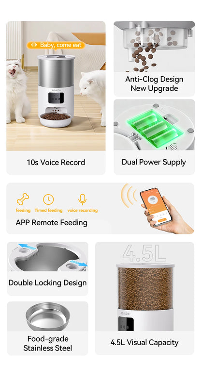 Pawinos™ Smart Automatic Pet Feeder – WiFi App-Controlled 4.5L Food Dispenser for Cats & Dogs