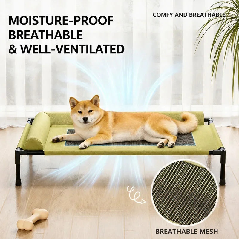Pawinos™ Elevated Cooling Dog Bed with Pillow – Raised Washable Mesh Bed for Medium & Large Dogs
