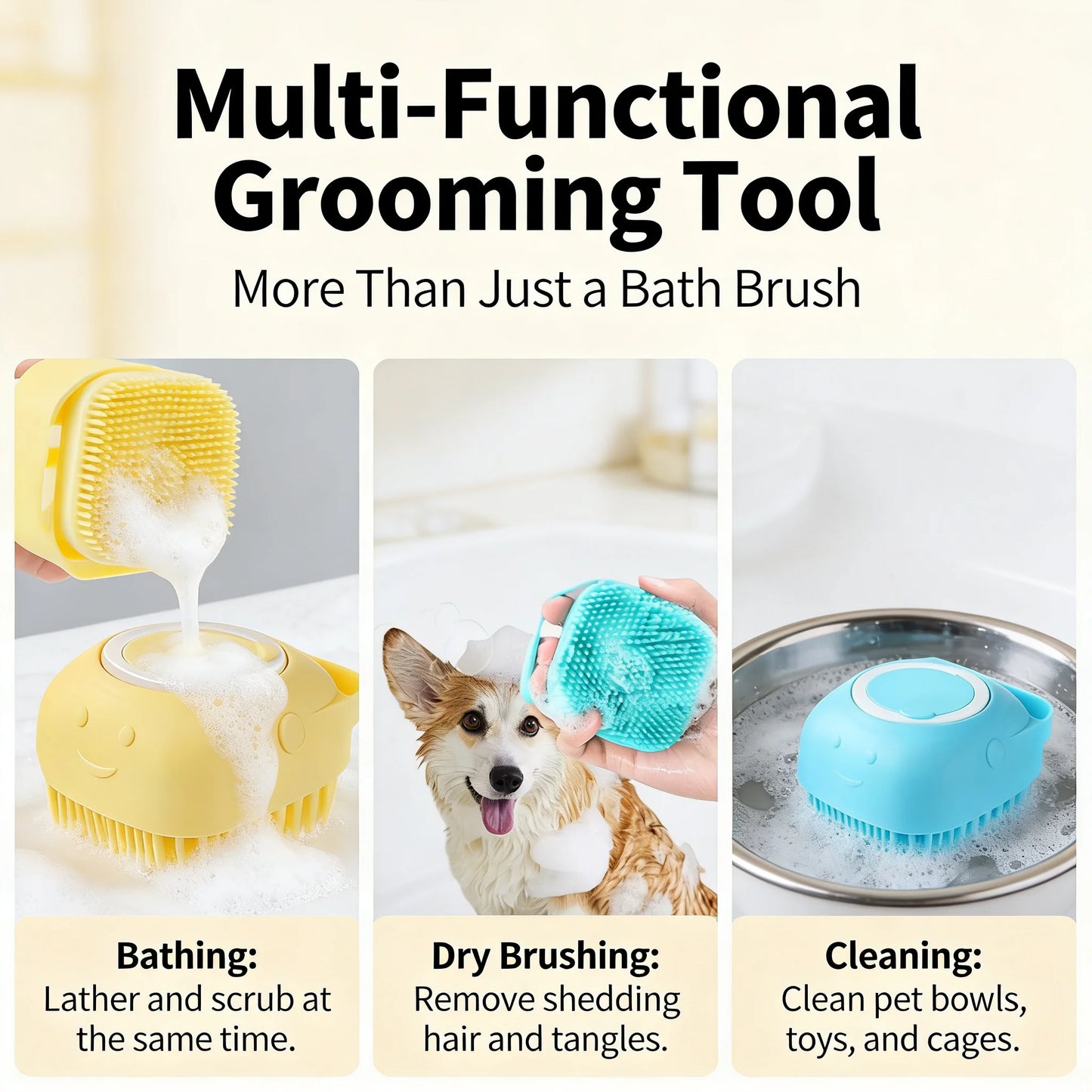 Pawinos™ 2-in-1 Pet Bath & Grooming Brush – Silicone Shampoo Massage Brush for Dogs & Cats